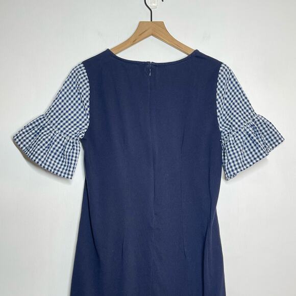 J. Crew Printed Bell Sleeve Dress Women's Size Small Navy Gingham Back Zip - Picture 6 of 9